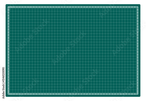 Blueprint background. Green cutting mat with grid lines and numeric measurements. Technical backdrop for blueprint, architecture, engineering, or drafting projects. Realistic vector illustration.