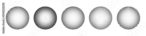 Set of circular abstract vector stamps with varying line widths and geometric patterns. Optical illusion style elements with waves, grids, and concentric lines. Black and white modern design shapes.