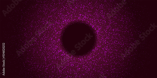 Abstract glowing dotted circular background. Purple particle ring made of small light dots on dark backdrop. Futuristic, cosmic, digital, tech design. Vector illustration.