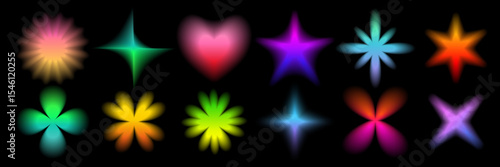 Y2K gradient flowers and elements. Colorful abstract icons with soft glow and blurred edges on black. Trendy figures for design, fashion, stickers, posters, social media. Vector illustration.