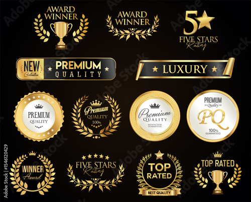 Golden luxury award labels and badges gold premium quality certificate ribbons vector illustration