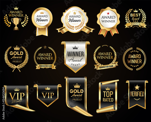 Golden luxury award labels and badges gold premium quality certificate ribbons vector illustration