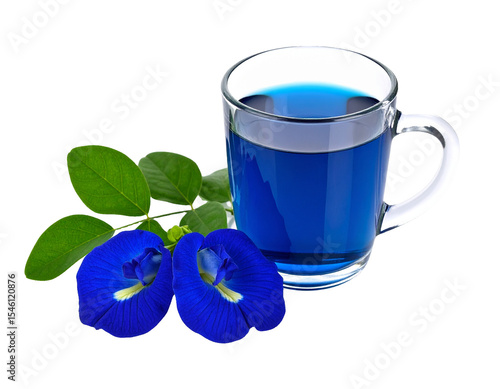 Peaflower with blue tea on white background