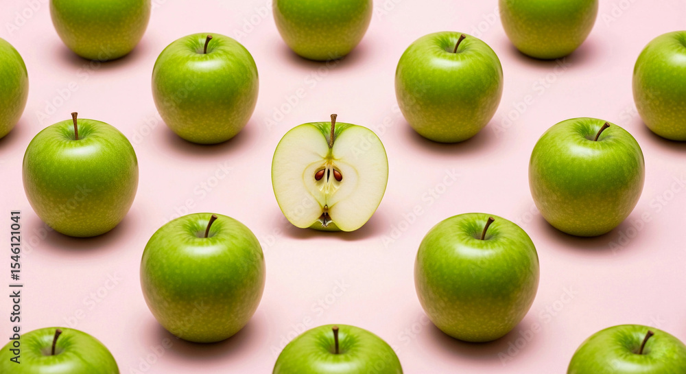 Fresh green apples arranged on a pastel pink background with one apple sliced in half, showcasing a vibrant, healthy, and minimalist fruit concept perfect for food, health, and lifestyle themes. Fresh green apples arranged on a pastel pink background with one apple sliced in half, showcasing a vibrant, healthy, and minimalist fruit concept perfect for food, health, and lifestyle themes.