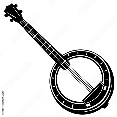 Clean vector artwork of banjo featuring flat wooden frame, curved neck, metal ring components, and five-string setup ideal for sheet music, learning guides, or online instrument catalogs

