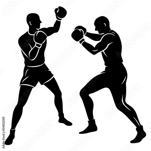 Silhouette of Two Boxers in Guard Position – Black Fighting Icon for Martial Arts, Boxing, Sports Combat and Athletic Training Graphics


