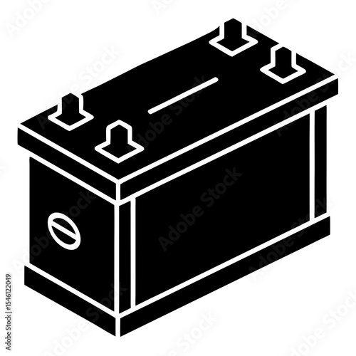 Bold black isometric vector of a vehicle battery showing top and side posts, great for use in car service, electric, and battery storage illustrations