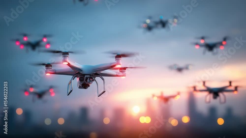 Aerial swarm of drones flying over city at twilight for modern surveillance concept