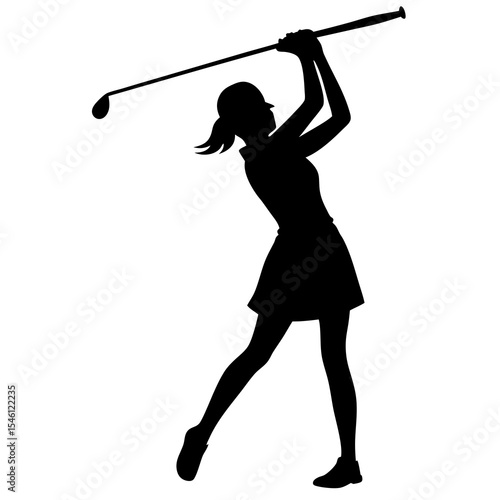 Black silhouette vector of a female golfer in mid swing pose, wearing skirt and ponytail. Perfect for sportswear branding, women’s golf events, and athletic illustrations.

