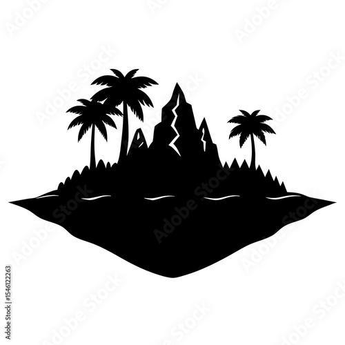 Silhouette vector of a tropical island with mountain peak and palm trees. Perfect for outdoor logos, survival games, nature scenes, or travel branding with adventure tone.

