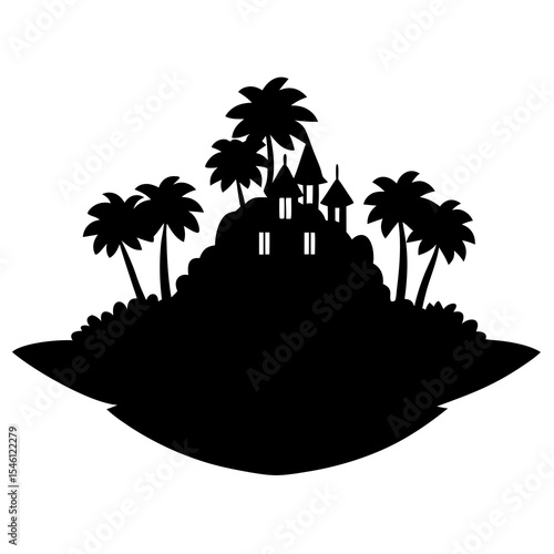Silhouette vector of a tropical island with castle towers and palm trees, ideal for fantasy maps, adventure games, vacation graphics, or exotic travel destination branding.

