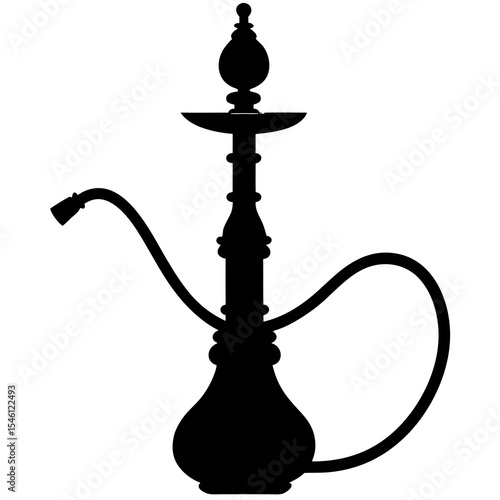 Elegant silhouette of a traditional hookah with curved hose, decorative base, and long stem, ideal for bar, lounge, shisha culture, or middle eastern vector projects