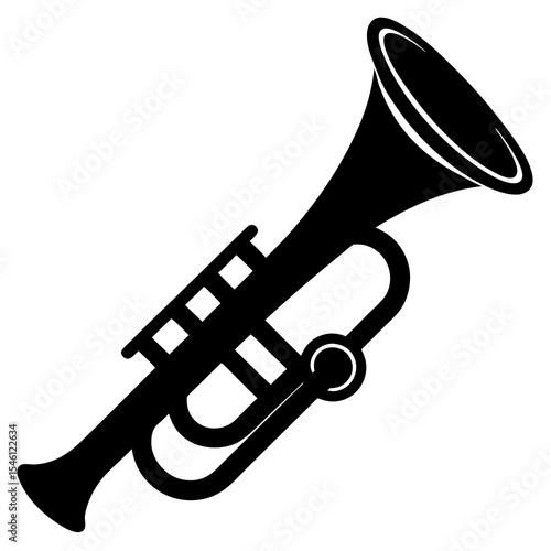 Black silhouette of a trumpet with three valves in upward angle — ideal for jazz, brass music, orchestra icons, band instruments, or music-themed vector designs

