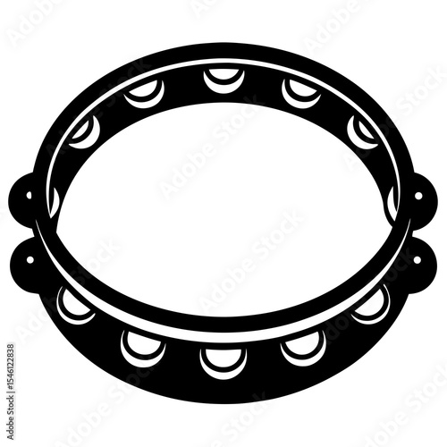 Black tambourine silhouette icon featuring circular shape with jingles, representing percussion music, rhythm, folk instruments, and festival celebration themes

