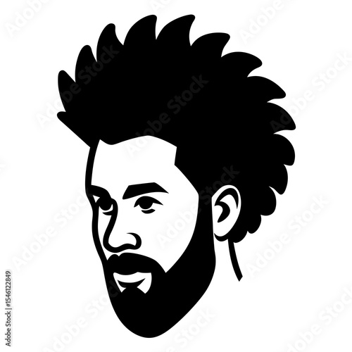 Frontal silhouette of afro-haired male face with beard, representing African descent, modern men’s hairstyle, facial features, identity, and diversity in vector portrait format

