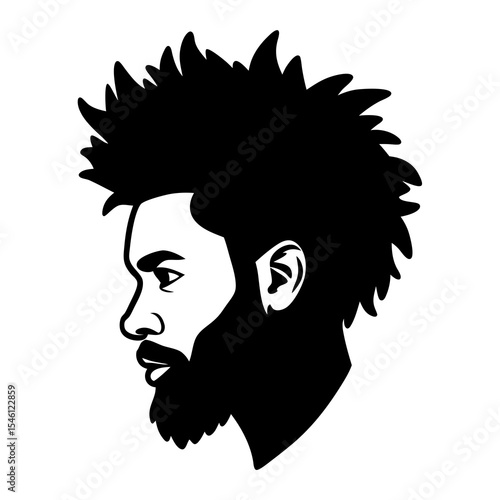 Right-facing silhouette of afro-haired male with beard in side profile, symbolizing cultural expression, men’s grooming, identity, and African beauty — bold vector illustration

