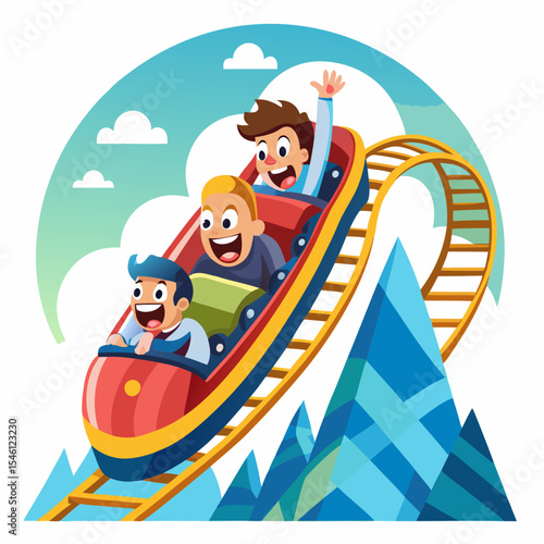 Vector illustration of kids riding a colorful roller coaster in front of mountain backdrop. Ideal for amusement park branding, kid’s event flyers, or adventure icons.