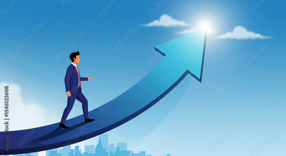 Obraz premium A businessman in a blue suit climbing an upward arrow against a bright blue sky with a glowing light at the top, symbolizing success or ambition. A city skyline is visible at the bottom.