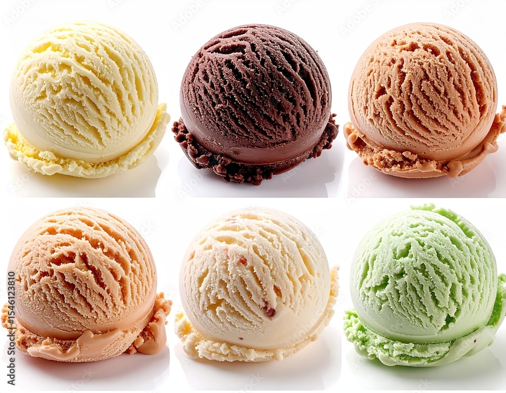 Fototapeta premium scoop of ice cream, different flavors set of 6, side view, isolated on white backgrou