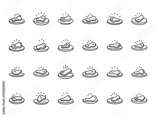 Minimalist Meat Icons Set – 25 Outline Steak and Cooked Meat Silhouettes on Plates with Line Art Style for Restaurant Menu, Food App, or BBQ Branding on White Background