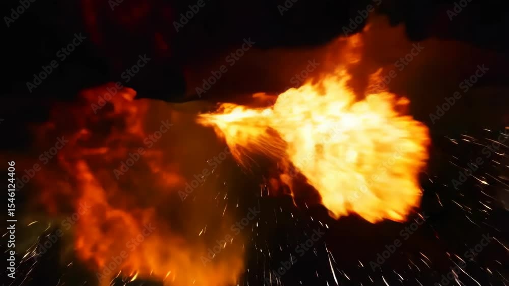 Dramatic fire explosion with intense flames and sparks against dark background