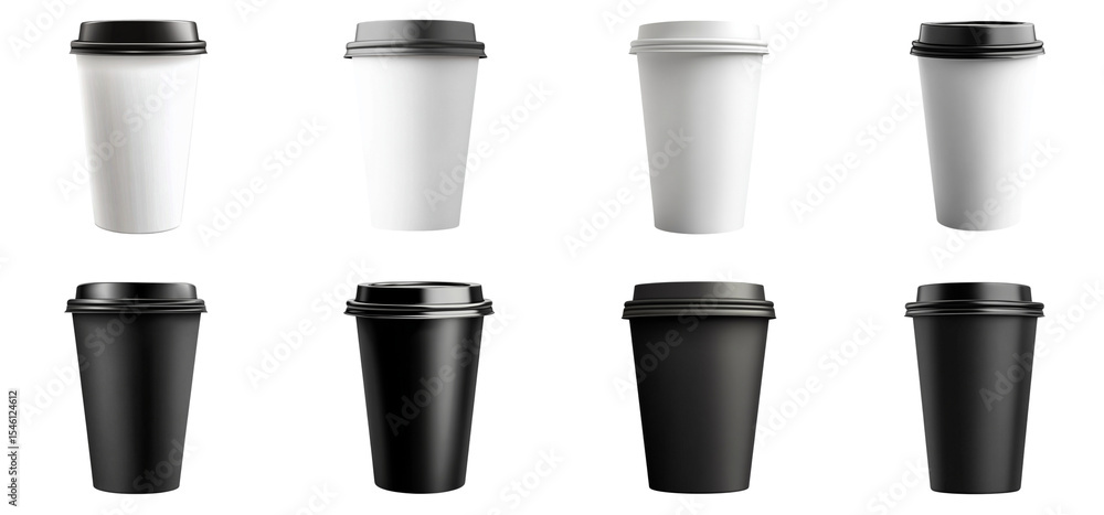 Set of white and black paper coffee cups isolated on transparent background, PNG, Cutout Set of white and black paper coffee cups isolated on transparent background, PNG, Cutout