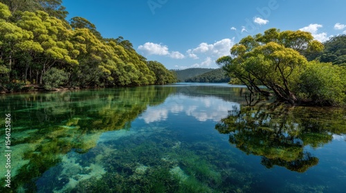 Bright green mangroves lining a calm, shallow lagoon with reflections in the water