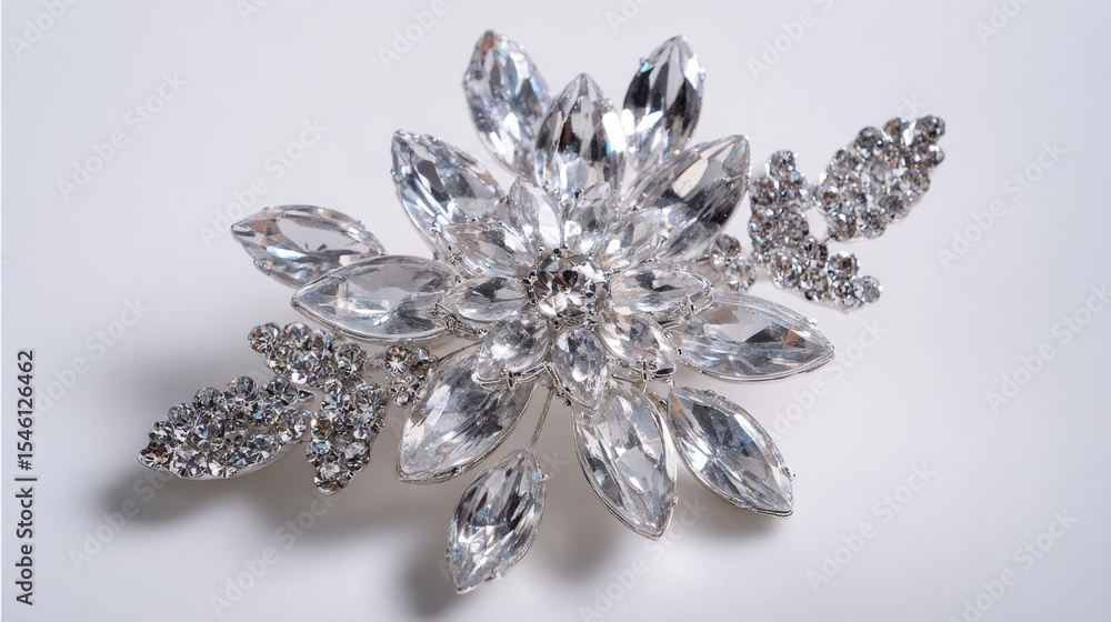 Fototapeta premium Elegant floral brooch with crystal petals placed on a smooth white background