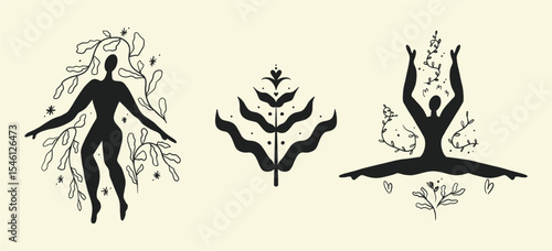 Vector set, boho sacred magical woman, plant. Flat holistic healing meditation. Modern abstract silhouette.
