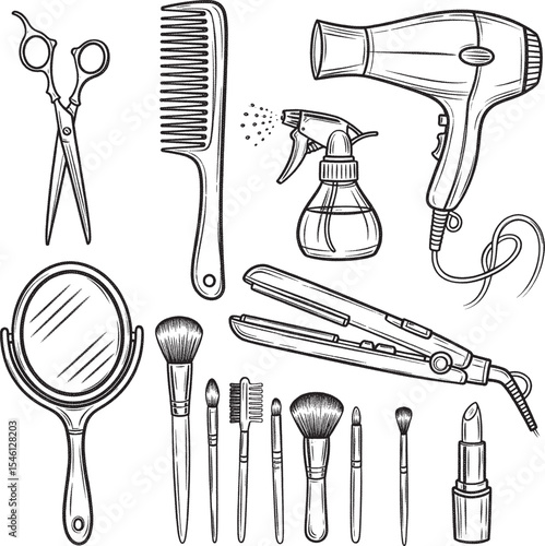 various cosmetology tools, including scissors, a comb, a hairdryer, a spray bottle, a mirror, a hair straightener, a collection of makeup brushes, and a lipstick