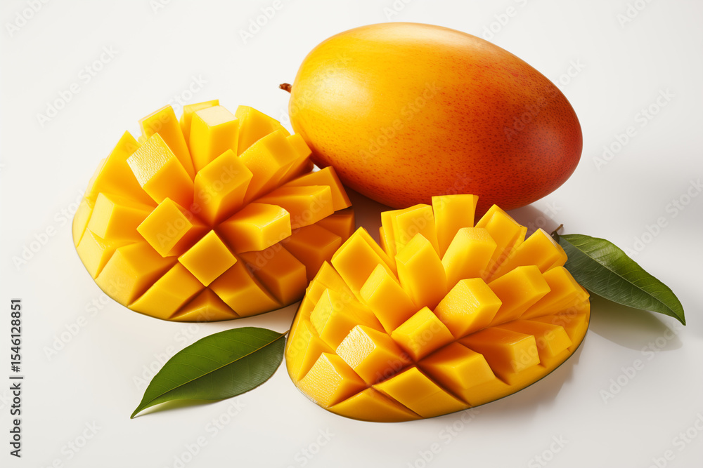 Fresh mangoes cut in cubes with yellow flesh on clean white surface Fresh mangoes cut in cubes with yellow flesh on clean white surface