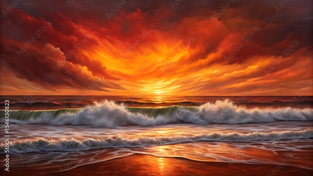 Fototapeta premium Beautiful sunset ocean waves painting scenic beach artwork