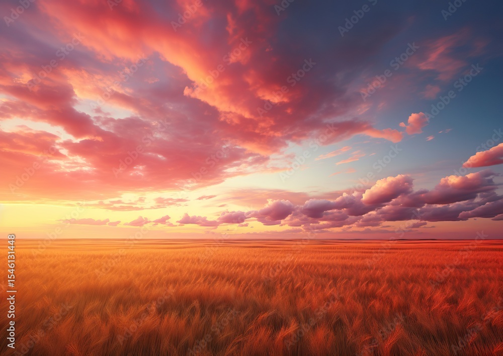 Pink And Orange Sunset Over Serene Prairie Grassland Pink And Orange Sunset Over Serene Prairie Grassland