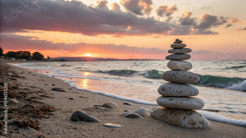 Balanced Stones on Beach at Sunset