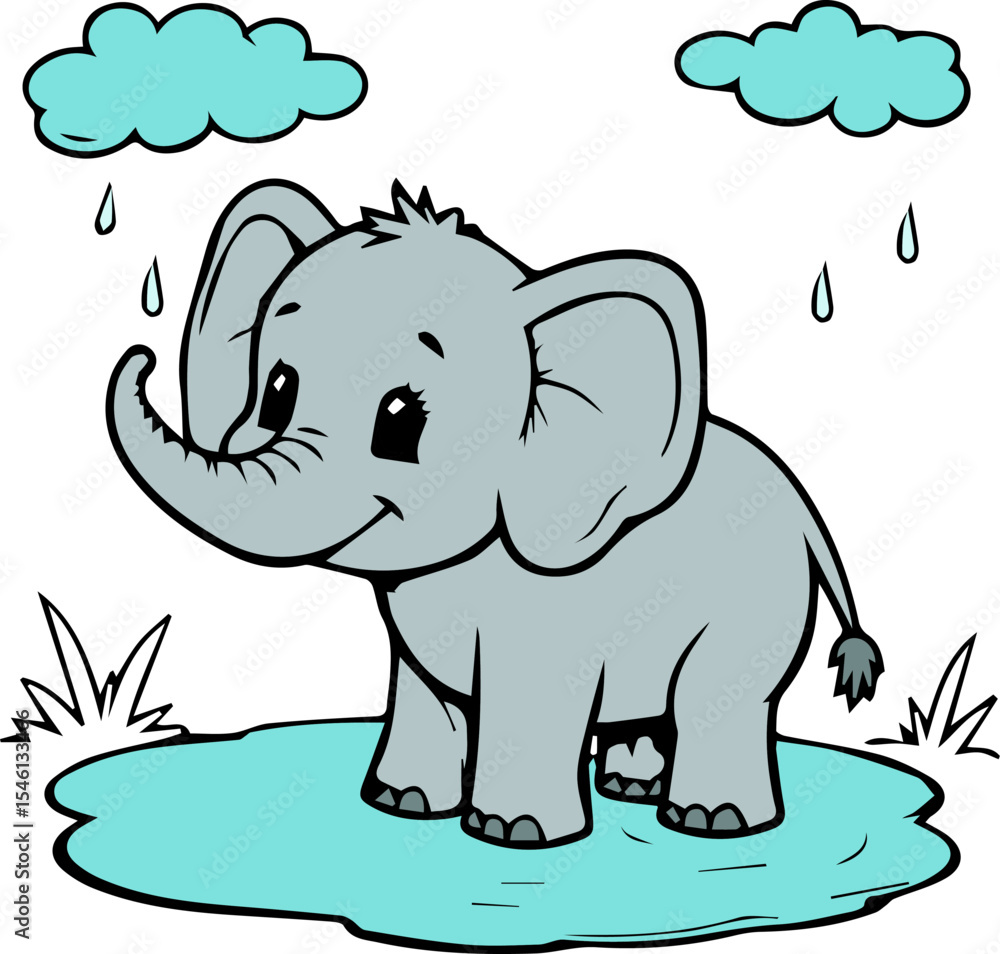 Fototapeta premium Elephant cartoon under raindrops and clouds