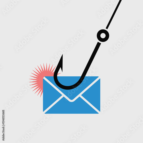 Blue Email Envelope Hooked by Black Fishing Hook Red Warning