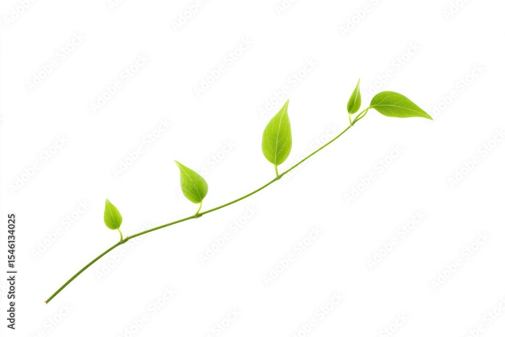 Fototapeta premium Fresh green leaves on a slender branch isolated on a white background showcasing natural beauty and delicate growth in botanical photography