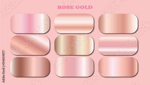 Rose Gold Gradient Swatch Set Featuring Nine Metallic Tones on Blush Background in Vector Style