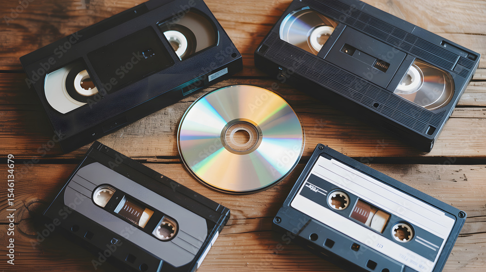 Fototapeta premium A nostalgic arrangement of vintage media formats on a wooden surface.