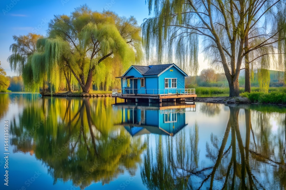 Obraz premium Blue lake house nestled among weeping willows at sunrise, tranquil scene