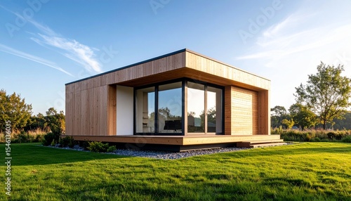 Wallpaper Mural Modern wooden tiny home with Scandinavian minimalist style, simple box shape, clean exterior, placed in a grassy outdoor setting with clear sky Torontodigital.ca