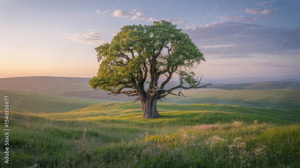 Fototapeta premium Golden Sunset Over Rolling Green Hills and Solitary Tree