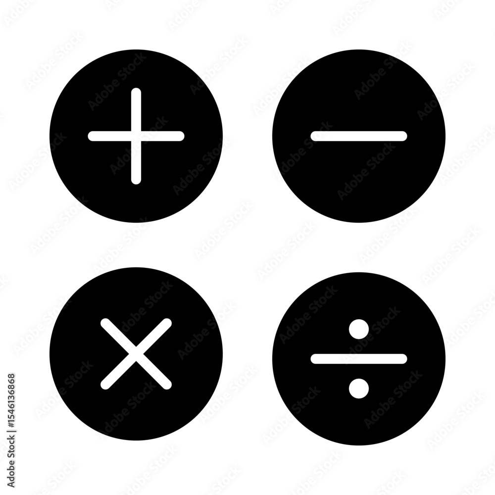 Fototapeta premium Math Symbols Icon Set - Plus Minus Multiply Divide - Black Circle