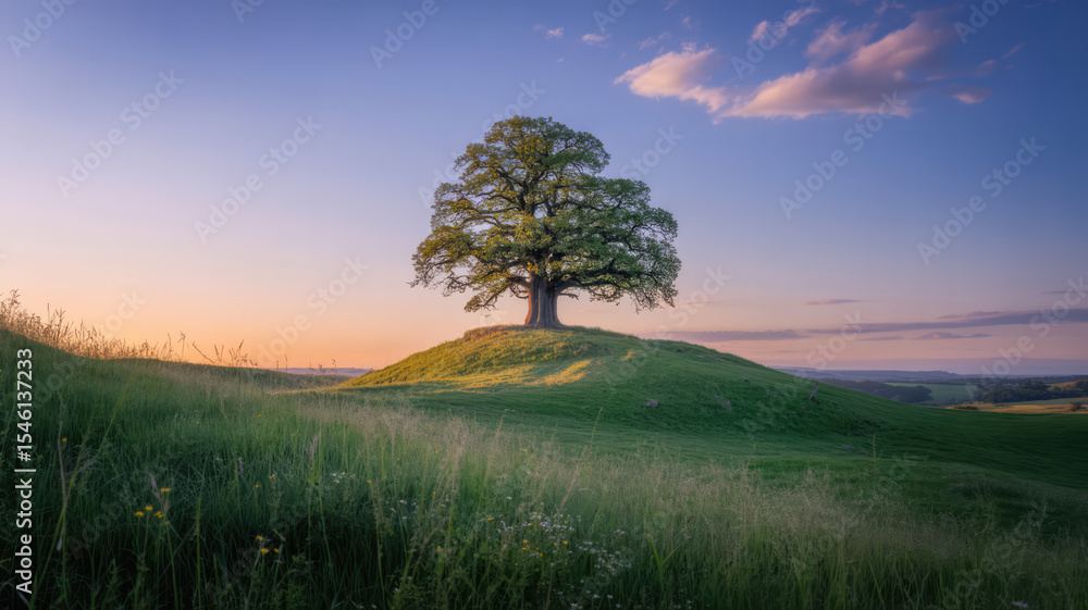 Fototapeta premium Golden Sunset Over Rolling Green Hills and Solitary Tree