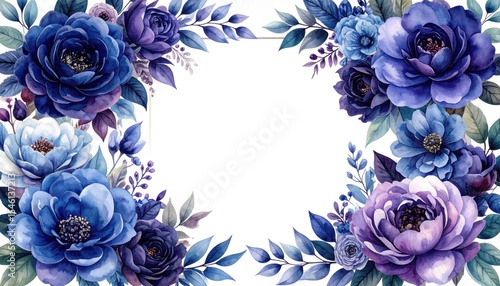 Elegant Watercolor Floral Frame Blue and Purple Roses for Wedding Invitations