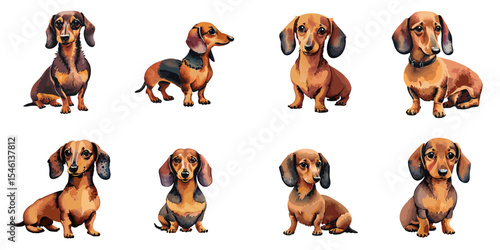 Multiple vector illustrations of miniature dachshunds, watercolor style