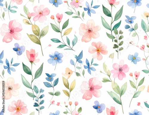 Wallpaper Mural Watercolor Floral Seamless Pattern Delicate Pink Blue Flowers Botanical Design Torontodigital.ca