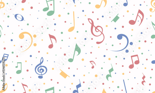 Musical seamless pattern. Pastel musical notes and confetti dots on white background. Perfect for children's products, music themed projects, or celebratory designs.