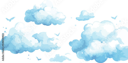 Watercolor Blue Clouds with Birds on a White Background Ideal for Children s Illustrations Wallpapers or Backgrounds Creating a Dreamy and Whimsical Atmosphere for Various