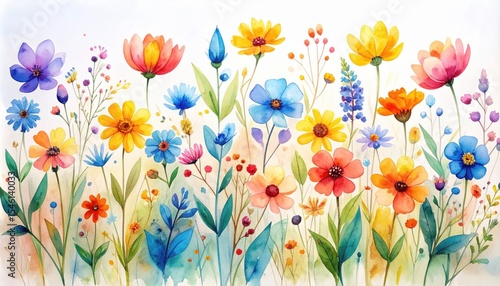Vibrant Watercolor Painting of Colorful Wildflowers Blooming in a Meadow